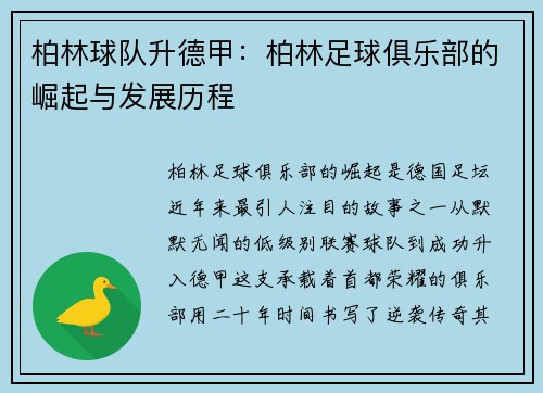 柏林球队升德甲:柏林足球俱乐部的崛起与发展历程