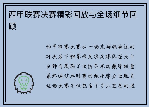 西甲联赛决赛精彩回放与全场细节回顾