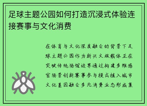 足球主题公园如何打造沉浸式体验连接赛事与文化消费